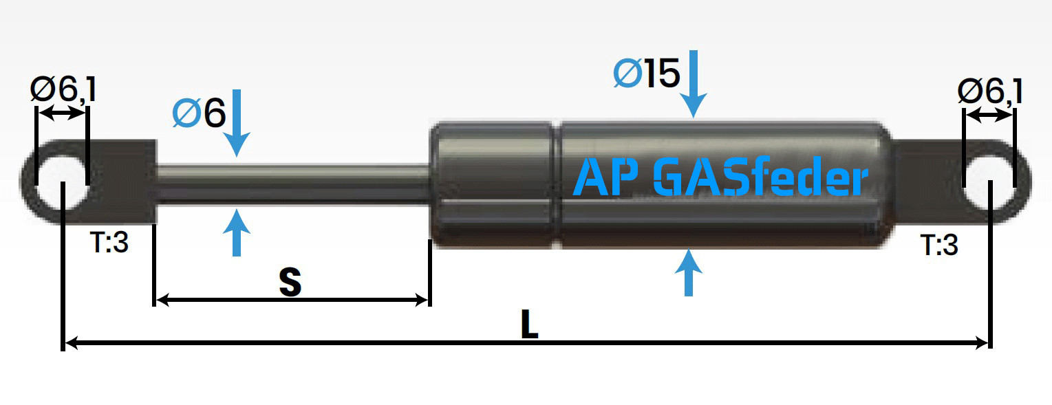 Bild von INOX AISI 304 AP GASfeder Edelstahl 350N, 6/15, Hub(S): 60 mm, Länge (L): 186 mm,  Alternatvie SRST.082392