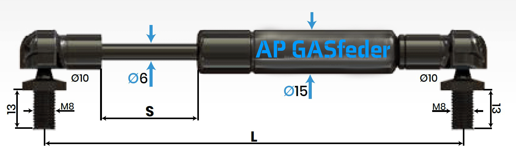 Bild von AP GASfeder 300N, 6/15, Hub(S): 90 mm, Länge (L): 255 mm