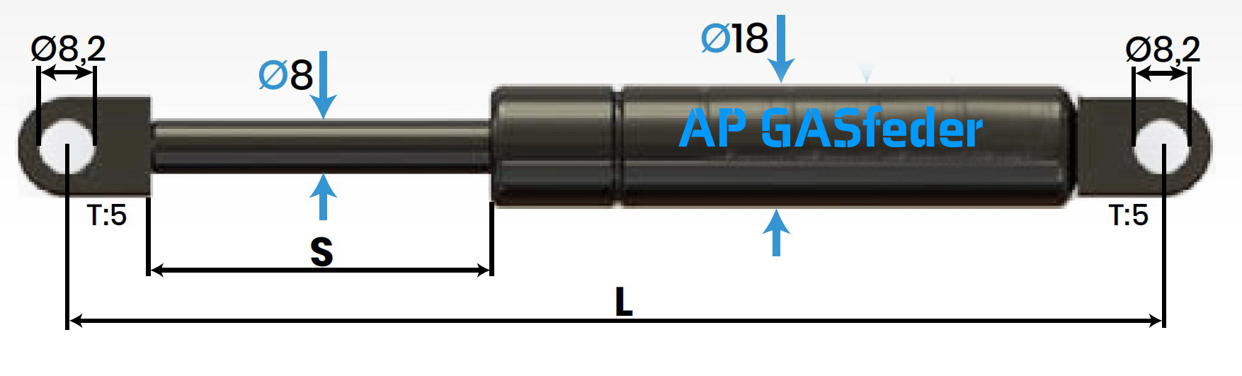 Bild von AP GASfeder 500N, 8/18, Hub(S): 220 mm, Länge (L): 526 mm,  Alternatvie SRST.084700