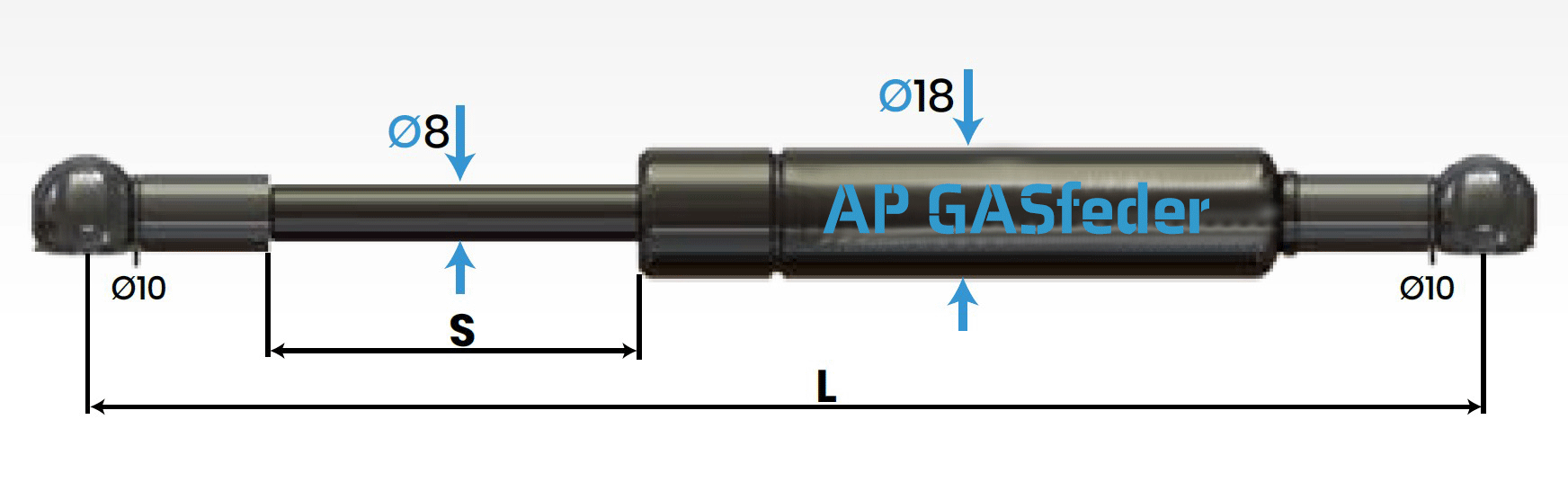 Bild von AP GASfeder 150N, 8/18, Hub(S): 180 mm, Länge (L): 445 mm,  Alternatvie SRST.081512