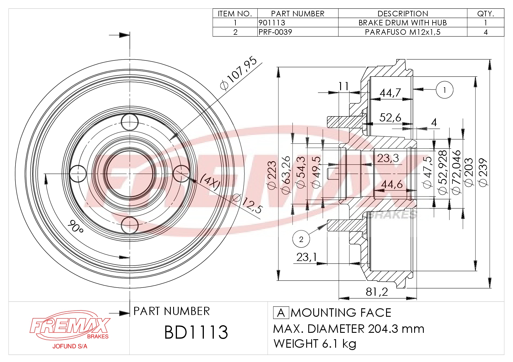 Picture of BD-1241  B.DRUM HC WITH BEARING für O Cors,Tig 93-