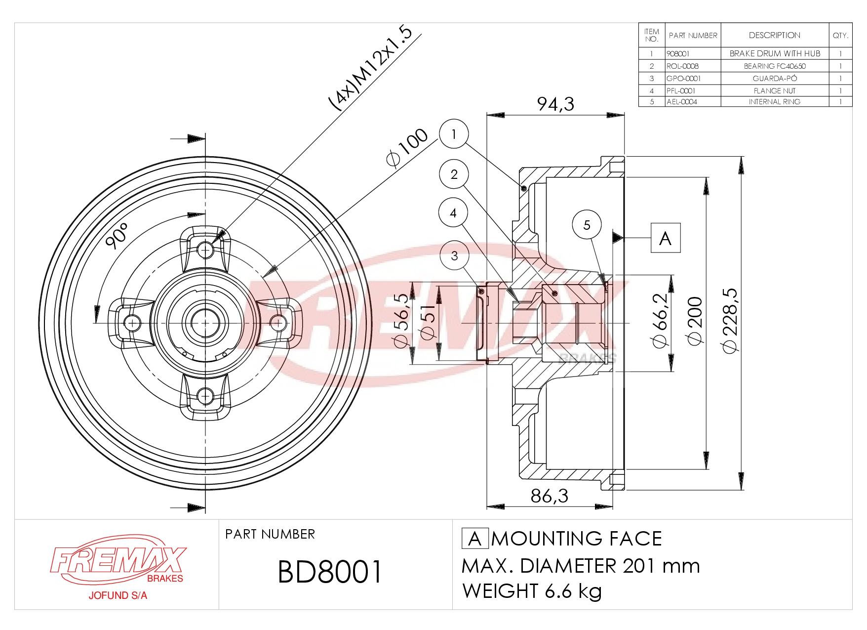 Picture of BD-8001  B.DRUM HC WITH BEARING - COMPONENTS RETAINING RING (1),PROTECTIVE COVER (1),FITTING INSTRUCTION (1),FLANGE NUT (1),BEARING (1)