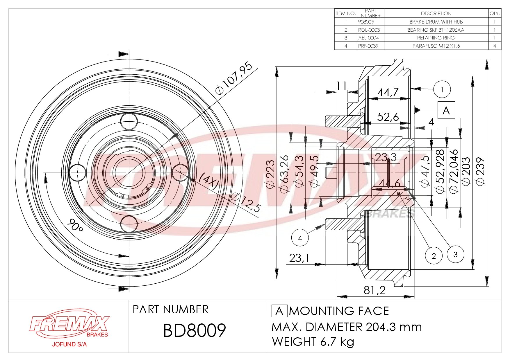 Picture of BD-8009  B.DRUM HC WITH BEARING - COMPONENTS RETAINING RING (1),BOLTS-SCREWS (4),BEARING (1) für F.Focus Ab 98