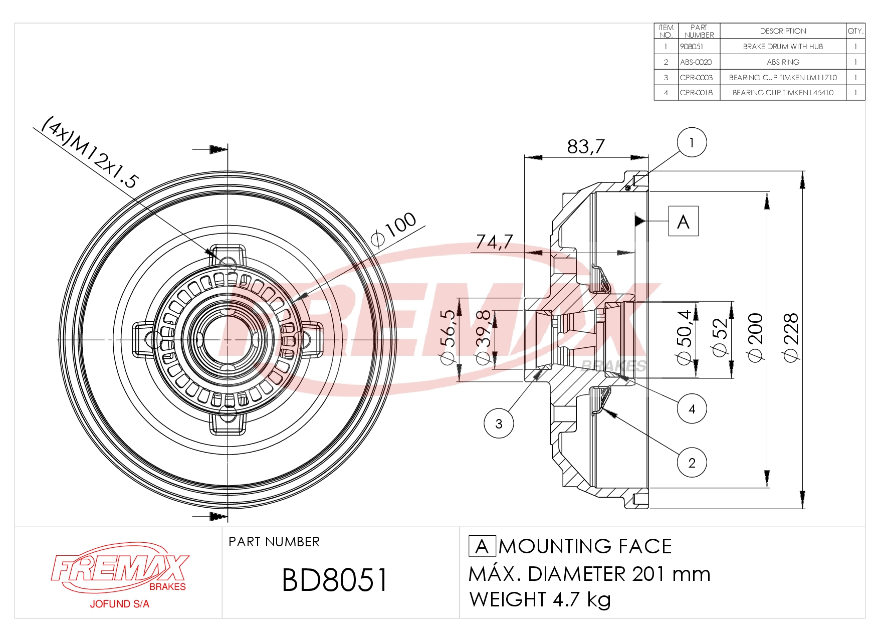 Imagen de BD-8051  B.DRUM HC  - COMPONENTS ABS RING (1),BEARING CUP  (2) für Opel Corsa B Abs 93-