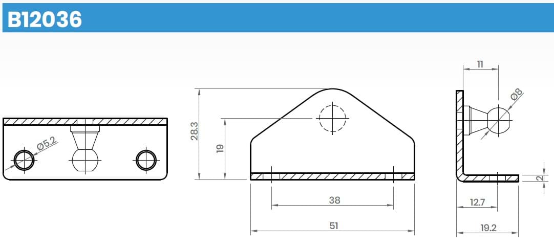 Picture of B12036 Winkelblech (Zn/White) 51x19,2 mm mit Kugelzapfen 8mm Type: BR8