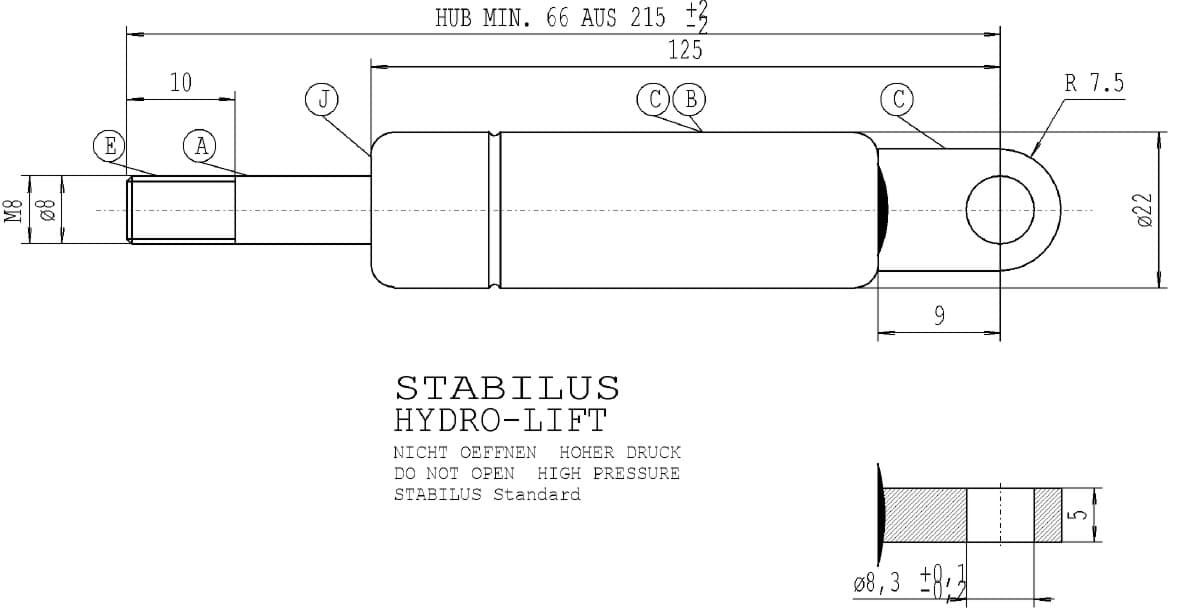 Immagine di Gasfeder Stabilus Hydro-Lift 105600 0500N Gesamtlänge 215 mm Werksbestellung