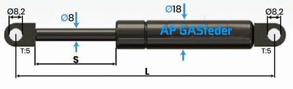 Bild von AP GASfeder 250N, 8/18, Hub(S): 160 mm, Länge (L): 406 mm,  Alternatvie SRST.094773