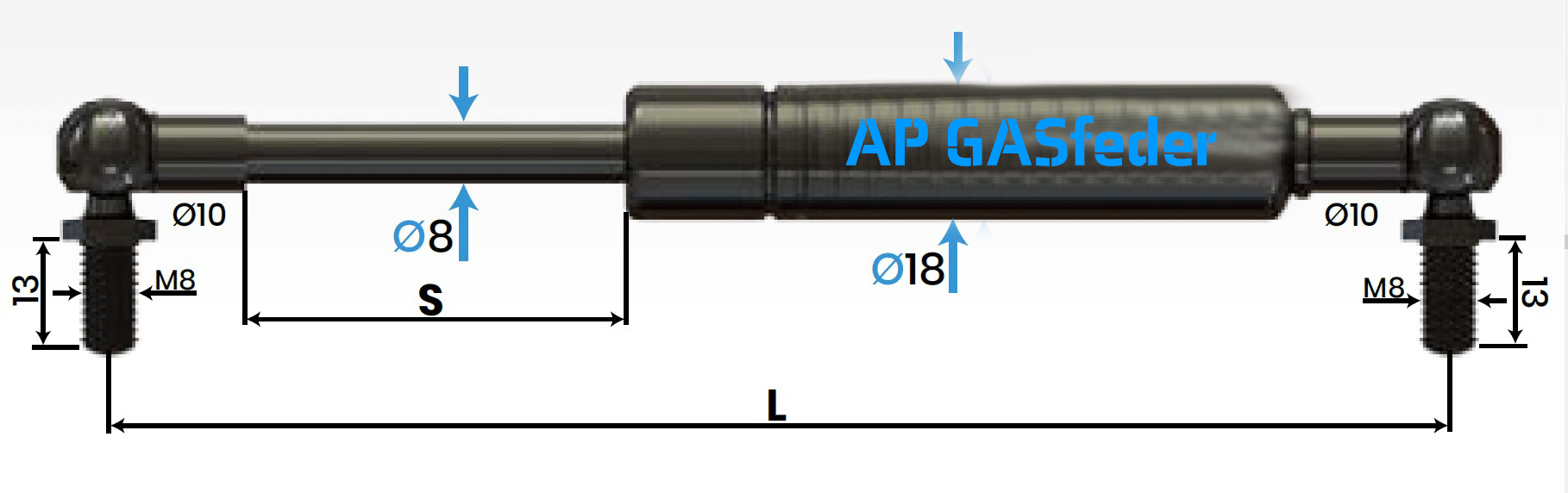 Bild von AP GASfeder 100N, 8/18, Hub(S): 200 mm, Länge (L): 485 mm,  Alternatvie SRST.083720