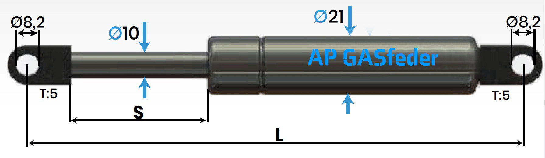 Bild von AP GASfeder 900N, 10/21, Hub(S): 295 mm, Länge (L): 686 mm,  Alternatvie SRST.085014