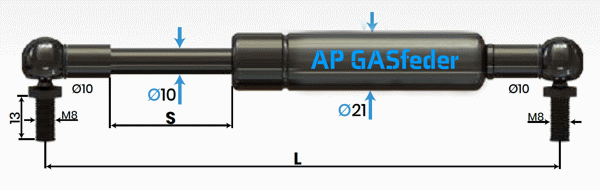 Bild von AP GASfeder 200N, 10/21, Hub(S): 350 mm, Länge (L): 785 mm,  Alternatvie SRST.095451