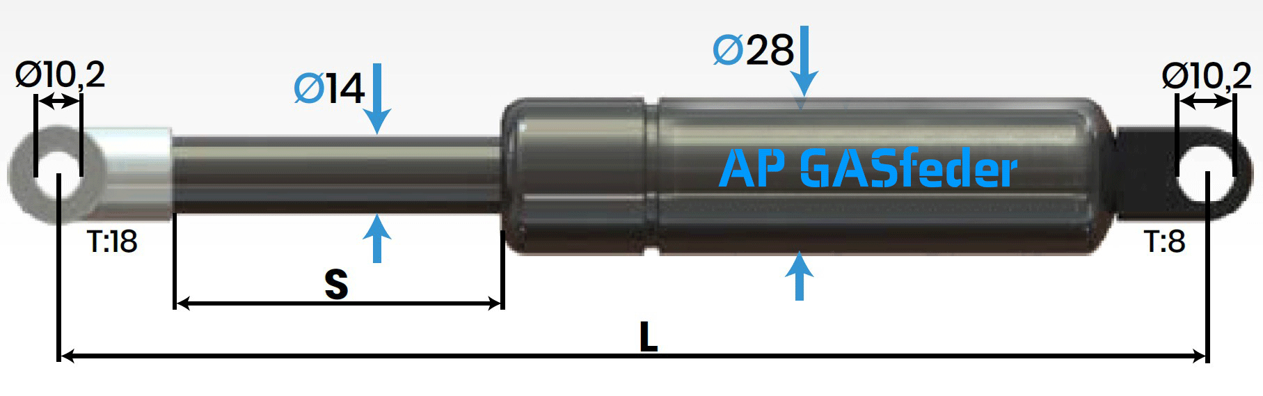 Bild von AP GASfeder 1900N, 14/28, Hub(S): 300 mm, Länge (L): 702 mm,  Alternatvie SRST.2062LC