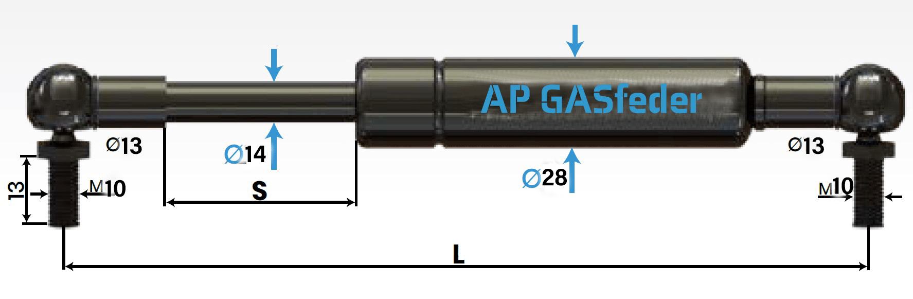 Bild von AP GASfeder 800N, 14/28, Hub(S): 500 mm, Länge (L): 1135 mm,  Alternatvie SRST.2392LR