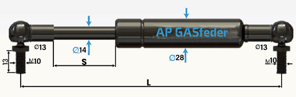 Bild von AP GASfeder 1100N, 14/28, Hub(S): 500 mm, Länge (L): 1135 mm,  Alternatvie SRST.2395LC
