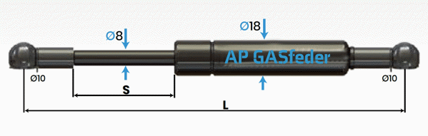 Bild von AP GASfeder 600N, 8/18, Hub(S): 180 mm, Länge (L): 445 mm,  Alternatvie SRST.084619