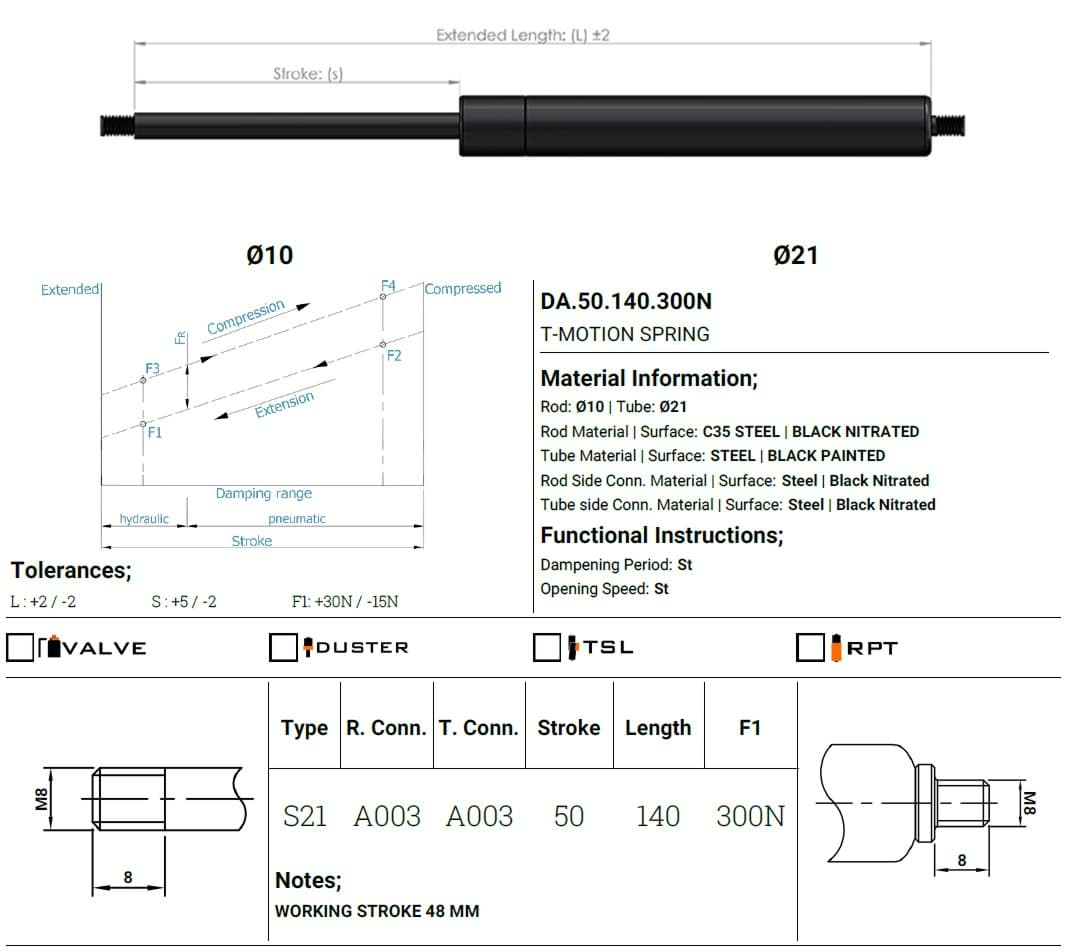 Bild von AP GASFeder 300N, 10/21, Hub(S): 50/48 mm, Länge (L): 140 mm