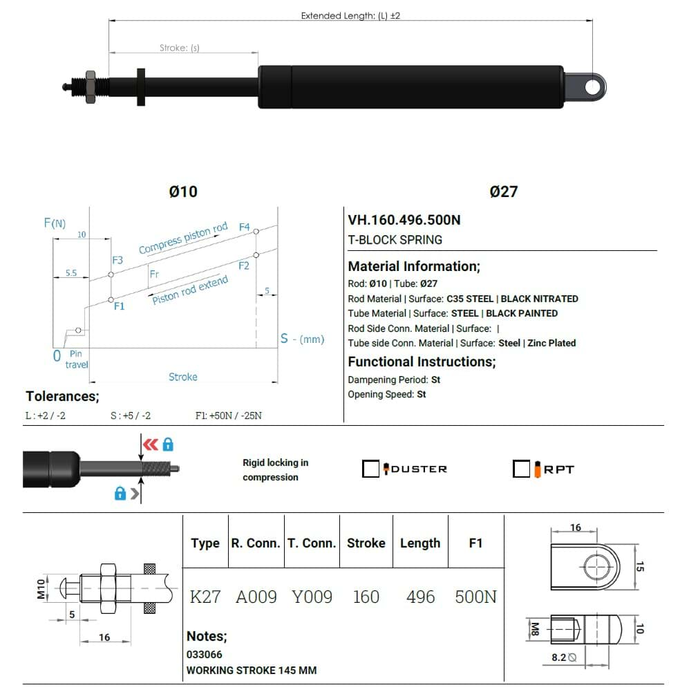 Immagine di AP Gasfeder Blockierbar 500N Länge 496 mm Arbeitshub 145 mm VH.160.496.500N Alternative für 033066