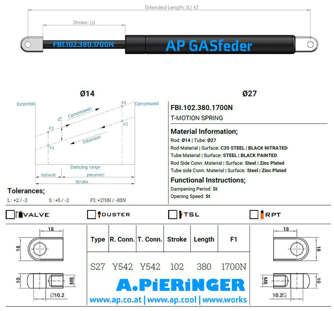 Image de AP Gasfeder 1700N, 14/27,  Hub(S): 102 mm, Länge (L): 380 mm, Verwendung: Wohnwagen