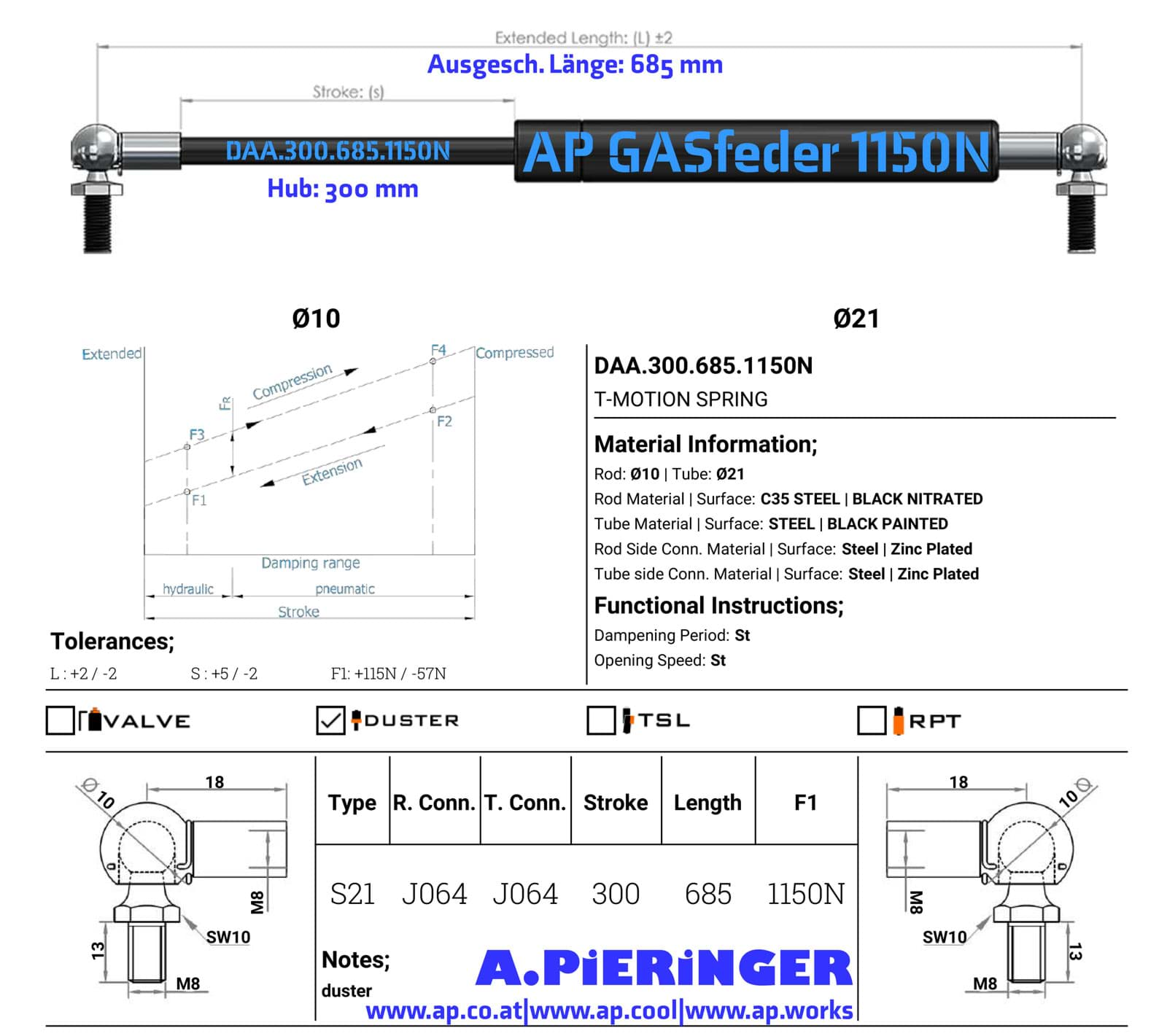 Bild von AP GASfeder 1150N, 10/21, Hub(S): 300 mm, Länge (L): 685 mm,  Alternatvie SRST.095435