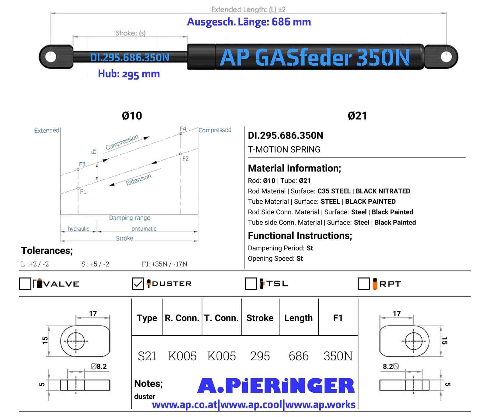 Immagine di AP GASfeder 350N, 10/21, Hub(S): 295 mm, Länge (L): 686 mm,  Alternatvie SRST.095079