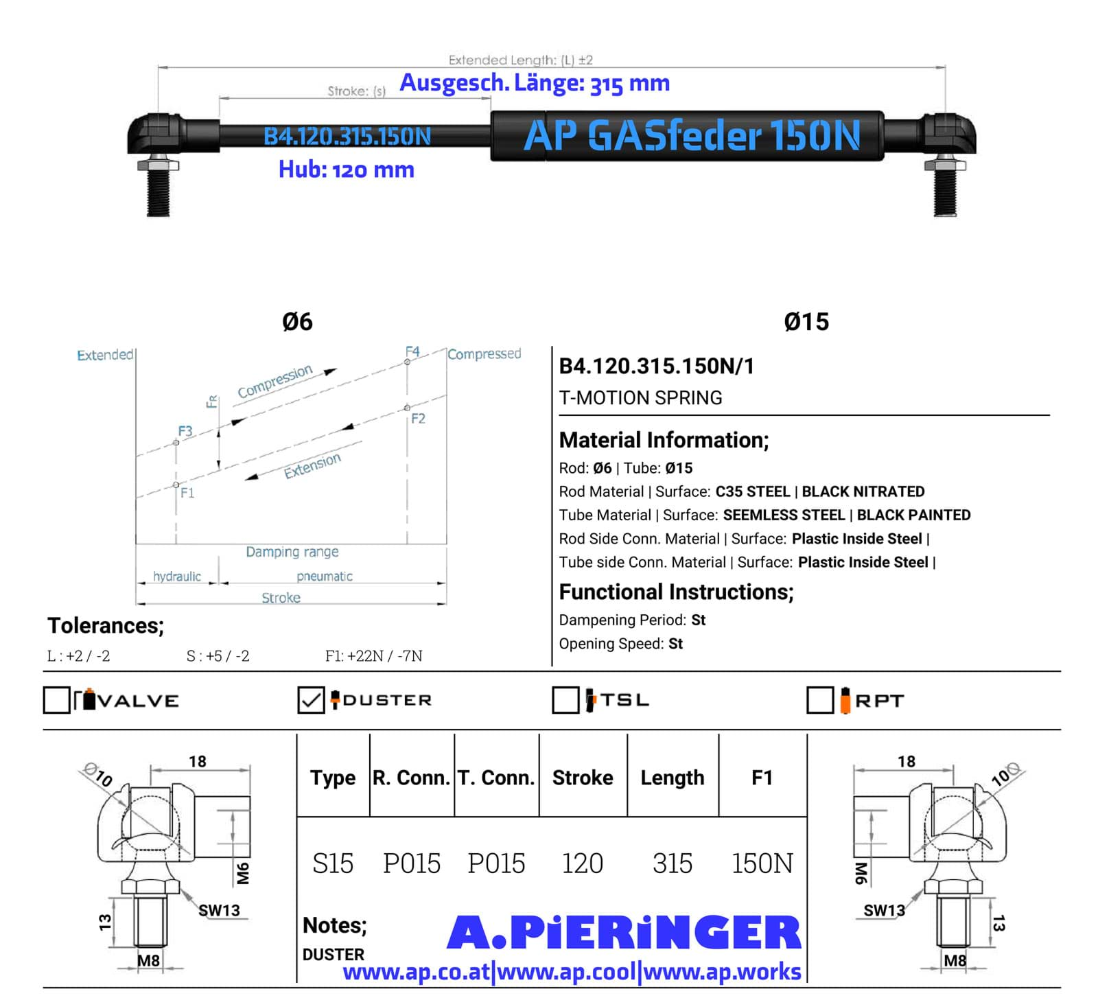 Imagen de AP GASfeder 150N, 6/15, Hub(S): 120 mm, Länge (L): 315 mm,  Alternatvie SRST.5031DG