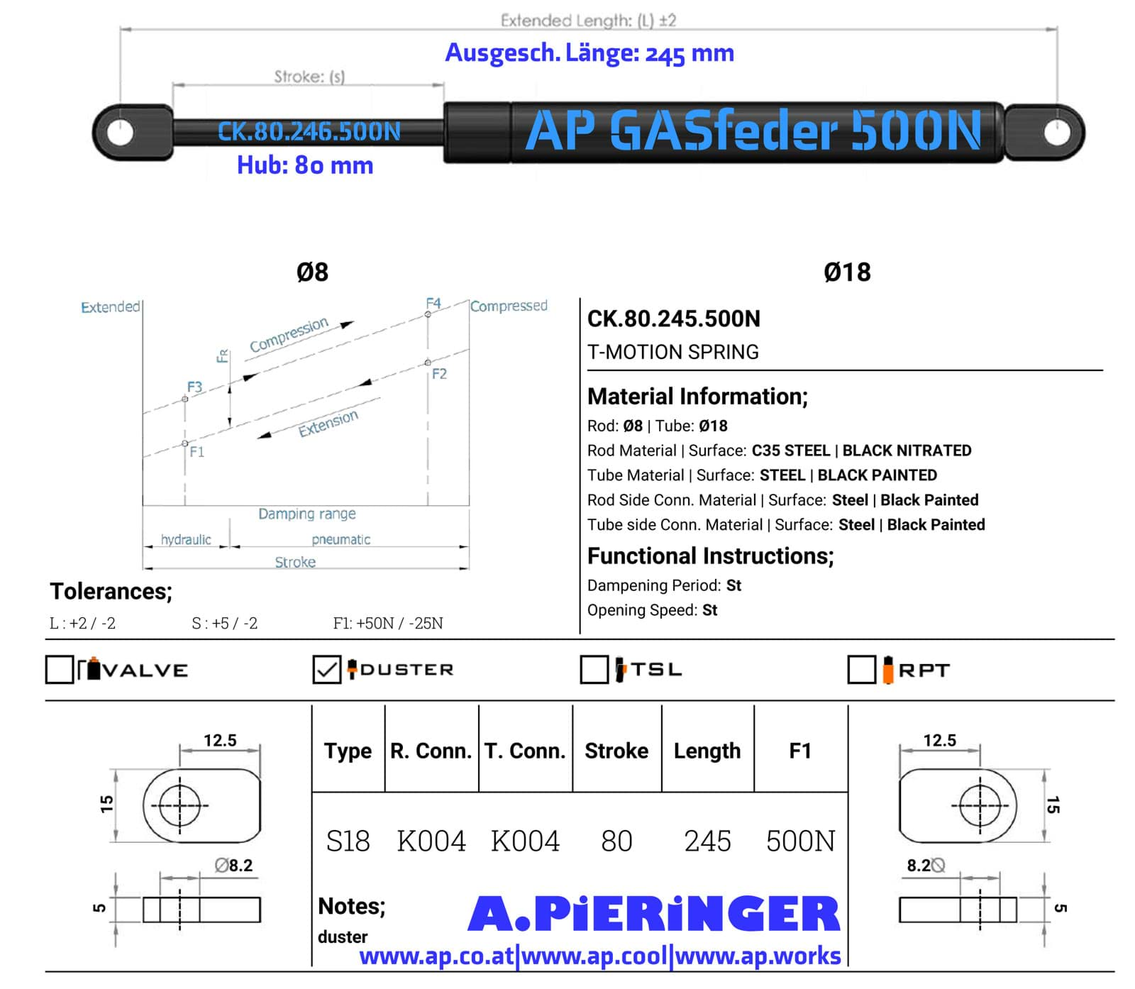 Immagine di AP GASfeder 500N, 8/18, Hub(S): 80 mm, Länge (L): 246 mm,  Alternatvie SRST.084093