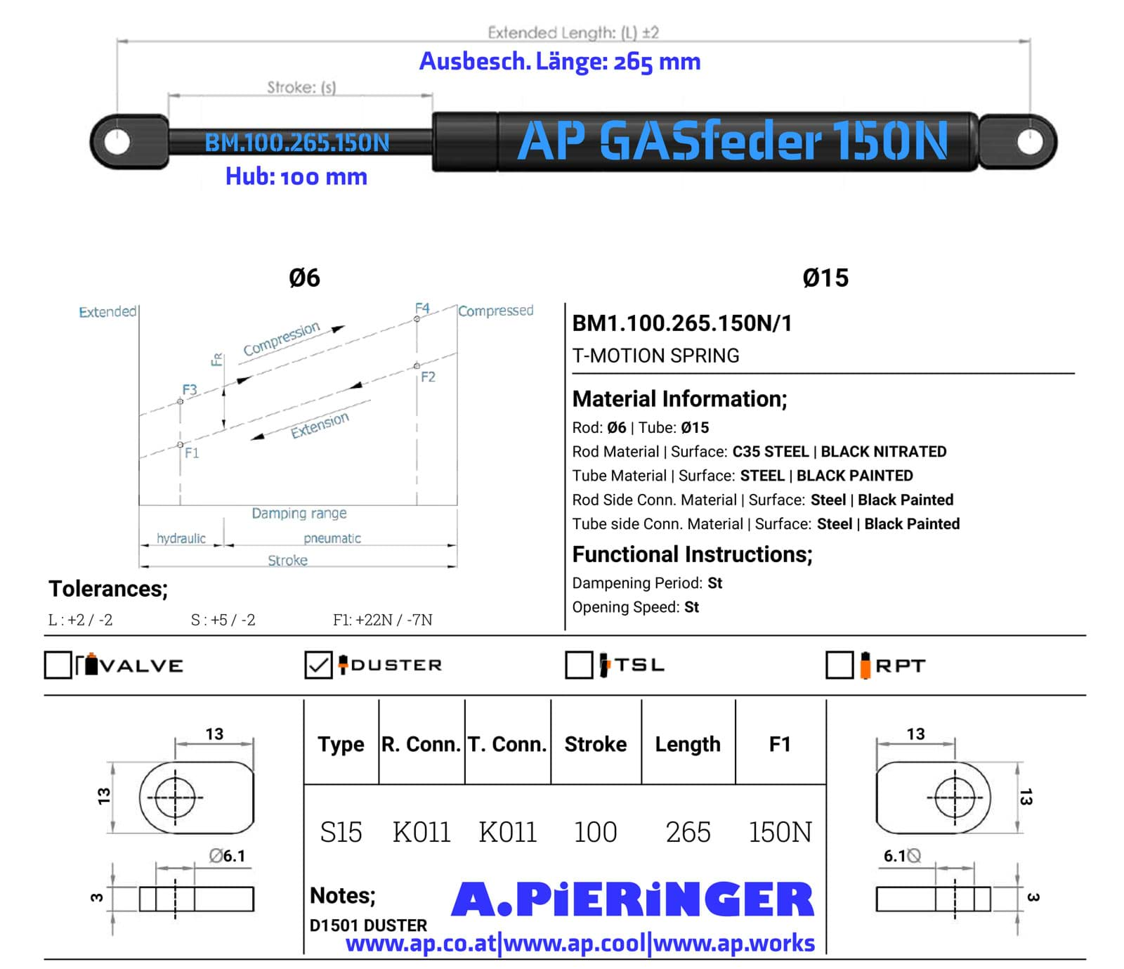 Bild von AP GASfeder 150N, 6/15, Hub(S): 100 mm, Länge (L): 265 mm,  Alternatvie SRST.082503