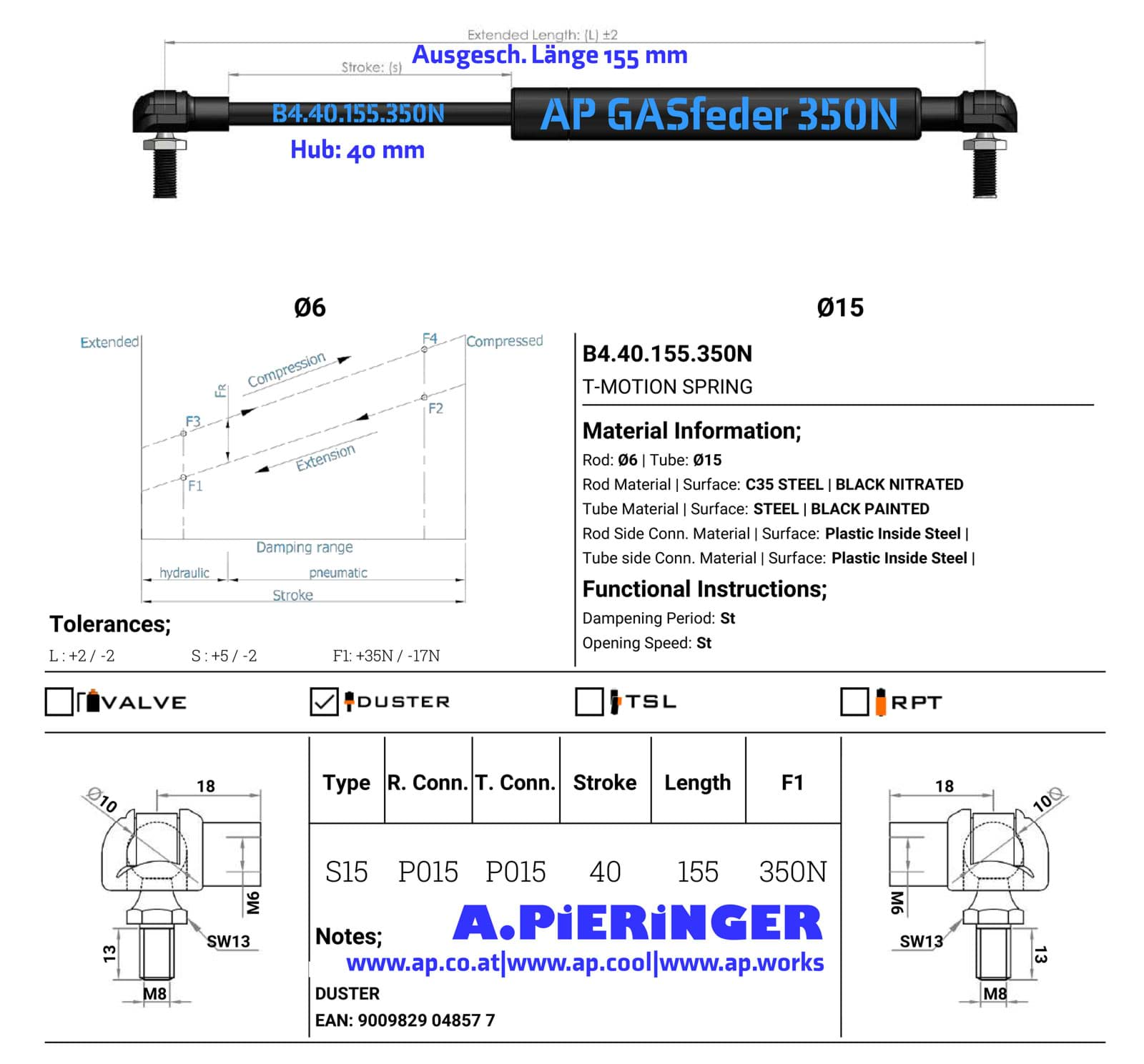 Bild von AP GASfeder 350N, 6/15, Hub(S): 40 mm, Länge (L): 155 mm,  Alternatvie SRST.4857DY