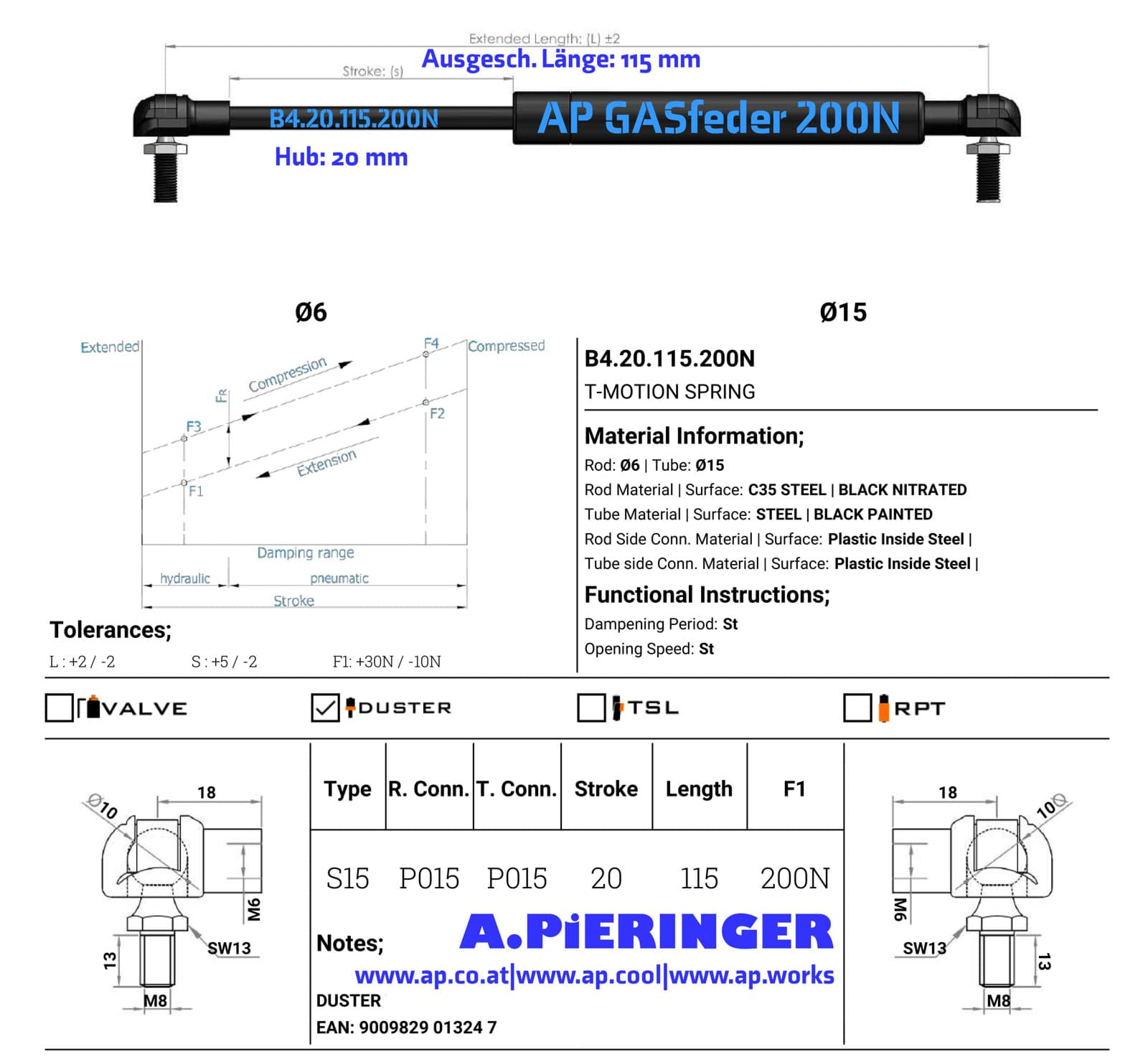 Bild von AP GASfeder 200N, 6/15, Hub(S): 20 mm, Länge (L): 115 mm,  Alternatvie SRST.1324DI