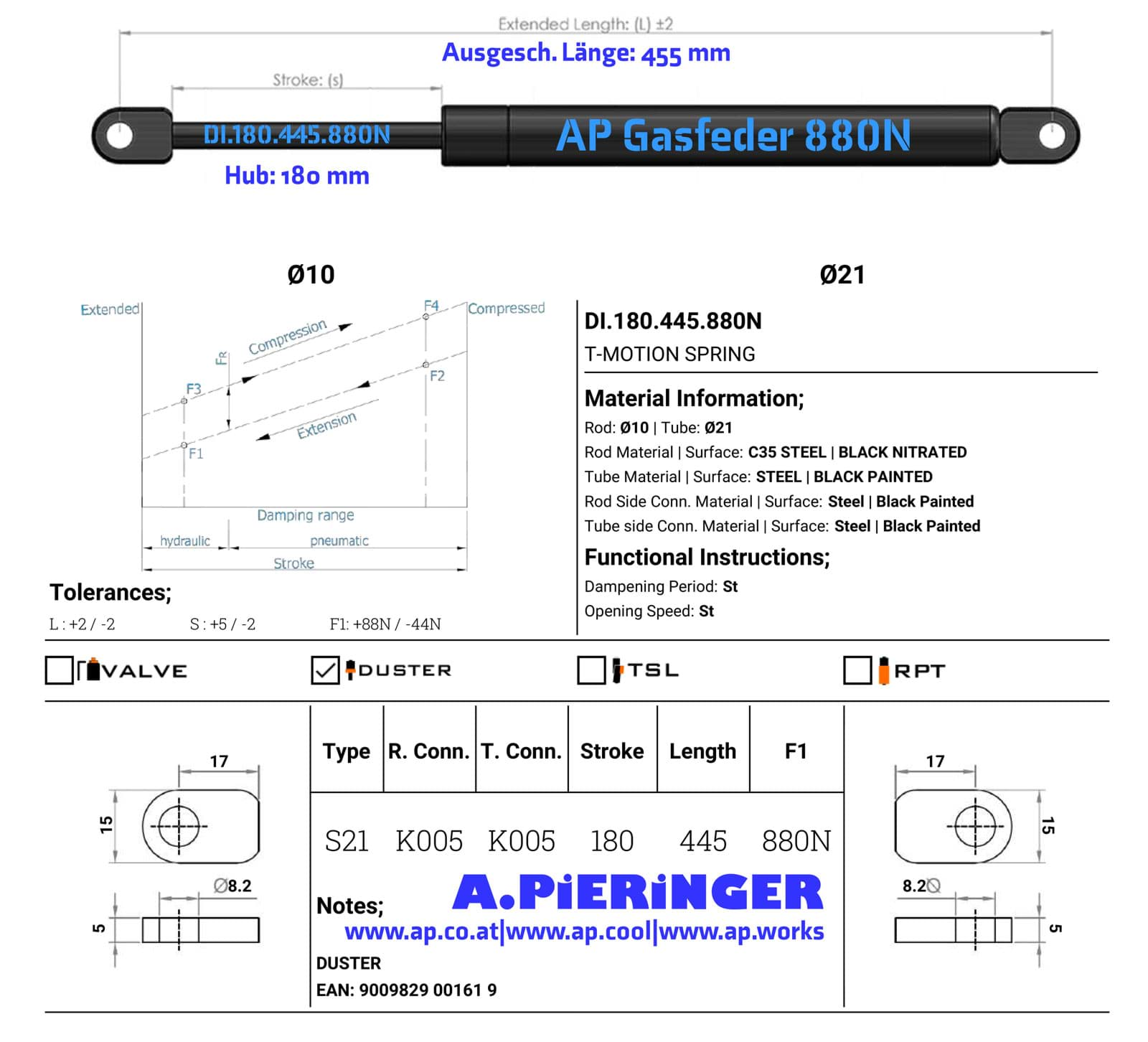 Image de AP GASfeder 880N, 10/21, Hub(S): 180 mm, Länge (L): 445 mm,  Alternatvie SRST.0161KU