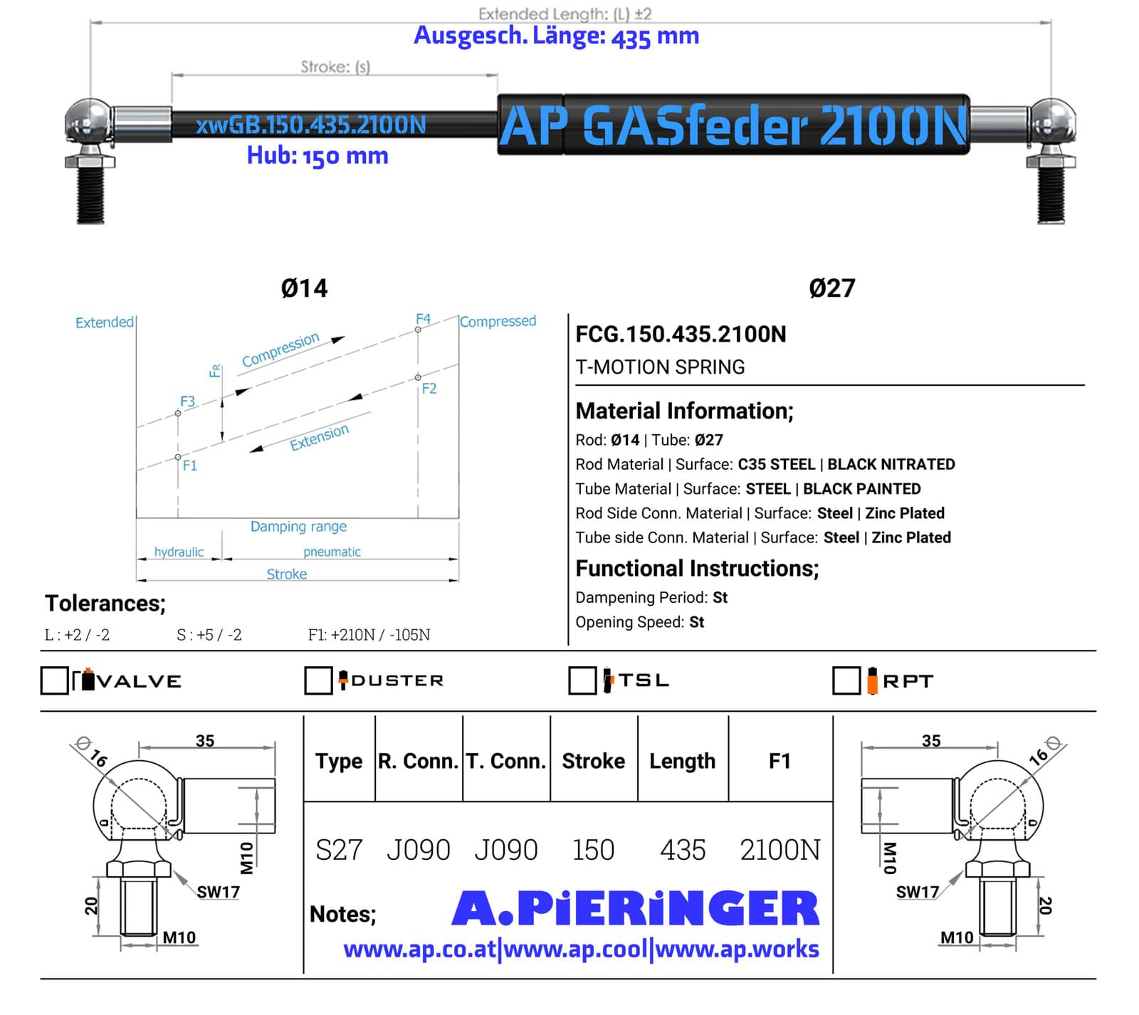 Bild von AP GASfeder 2100N, 14/28, Hub(S): 150 mm, Länge (L): 435 mm,  Alternatvie SRST.2365LU