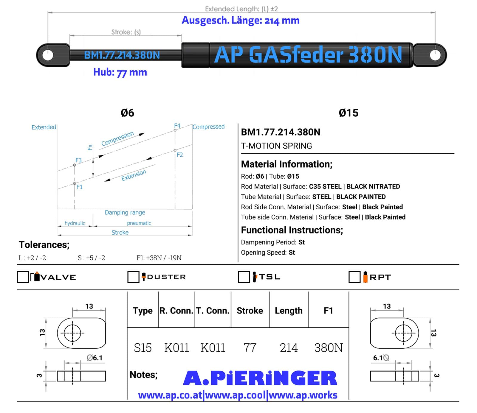 Bild von AP GASFeder 380N, 6/15, Hub(S): 77 mm, Länge (L): 214 mm