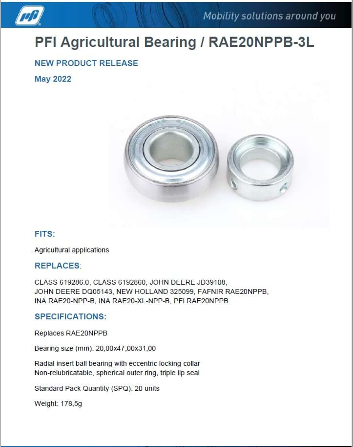 Image de PFI Agricultural Bearing / RAE20NPPB-3L