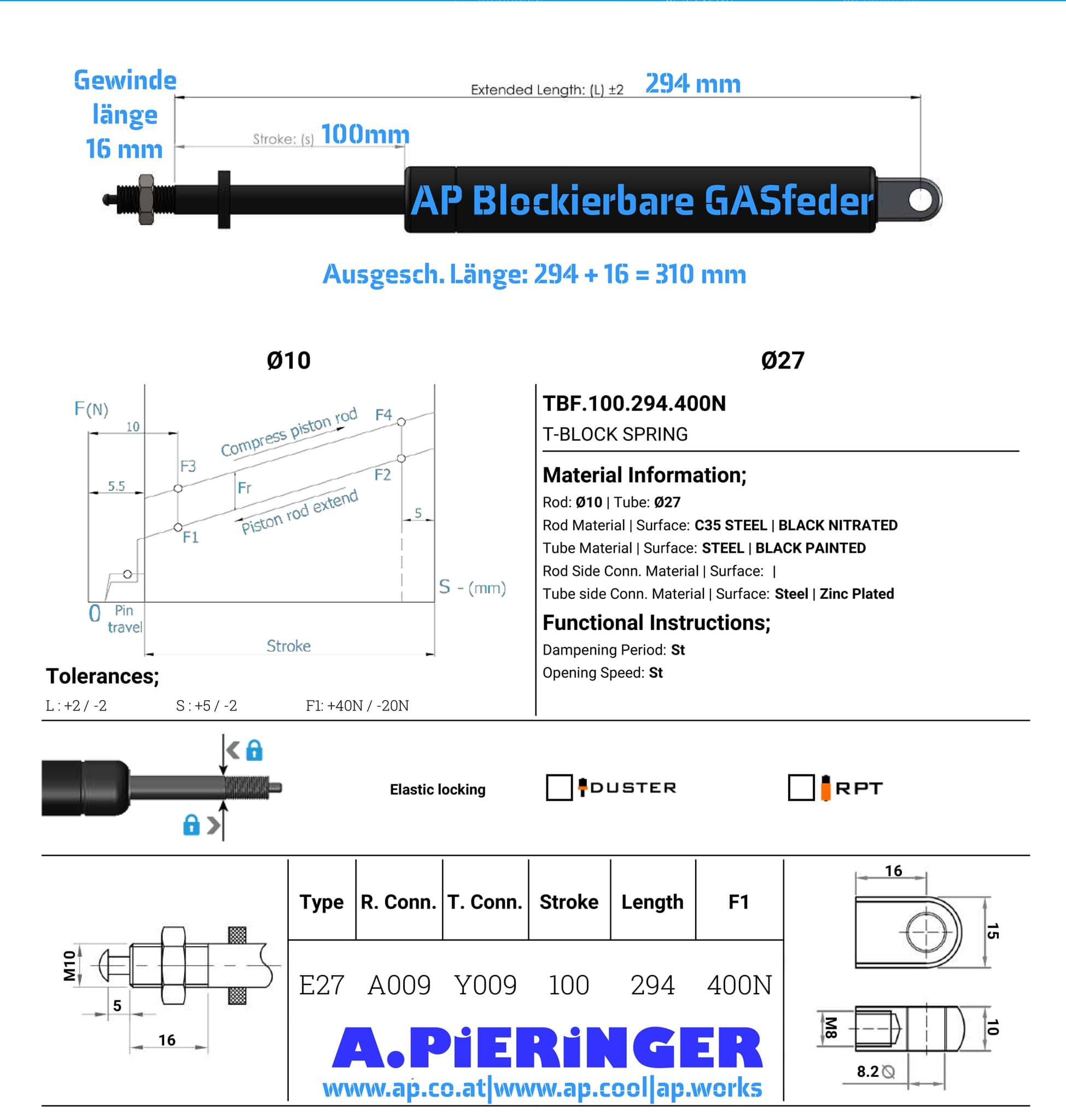 Imagen de TBF.2.100.294.400N AP Blockierbare GASfeder 400 N, Hub S: 100 mm, Länge L: 294 mm 