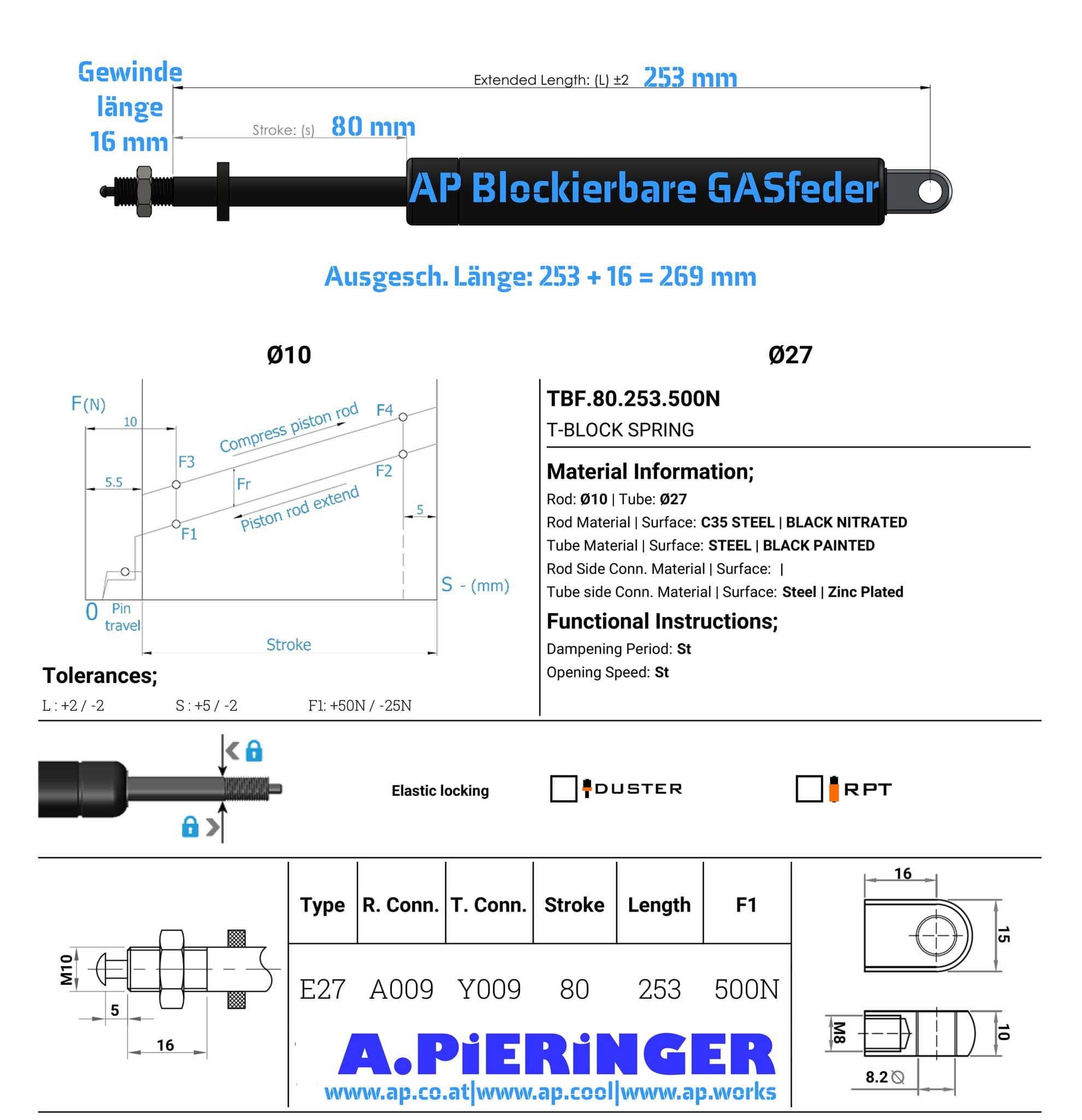 Immagine di TBF.2.80.253.500N AP Blockierbare GASfeder 500 N, Hub S: 80 mm, Länge L: 253 mm 