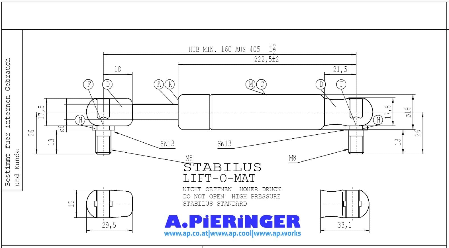 Bild von Gasfeder Stabilus Lift-o-MAT 083615 0500N  Lang 405 Gelenk M8 Ersatz f. 752851 (Werksbestellung)