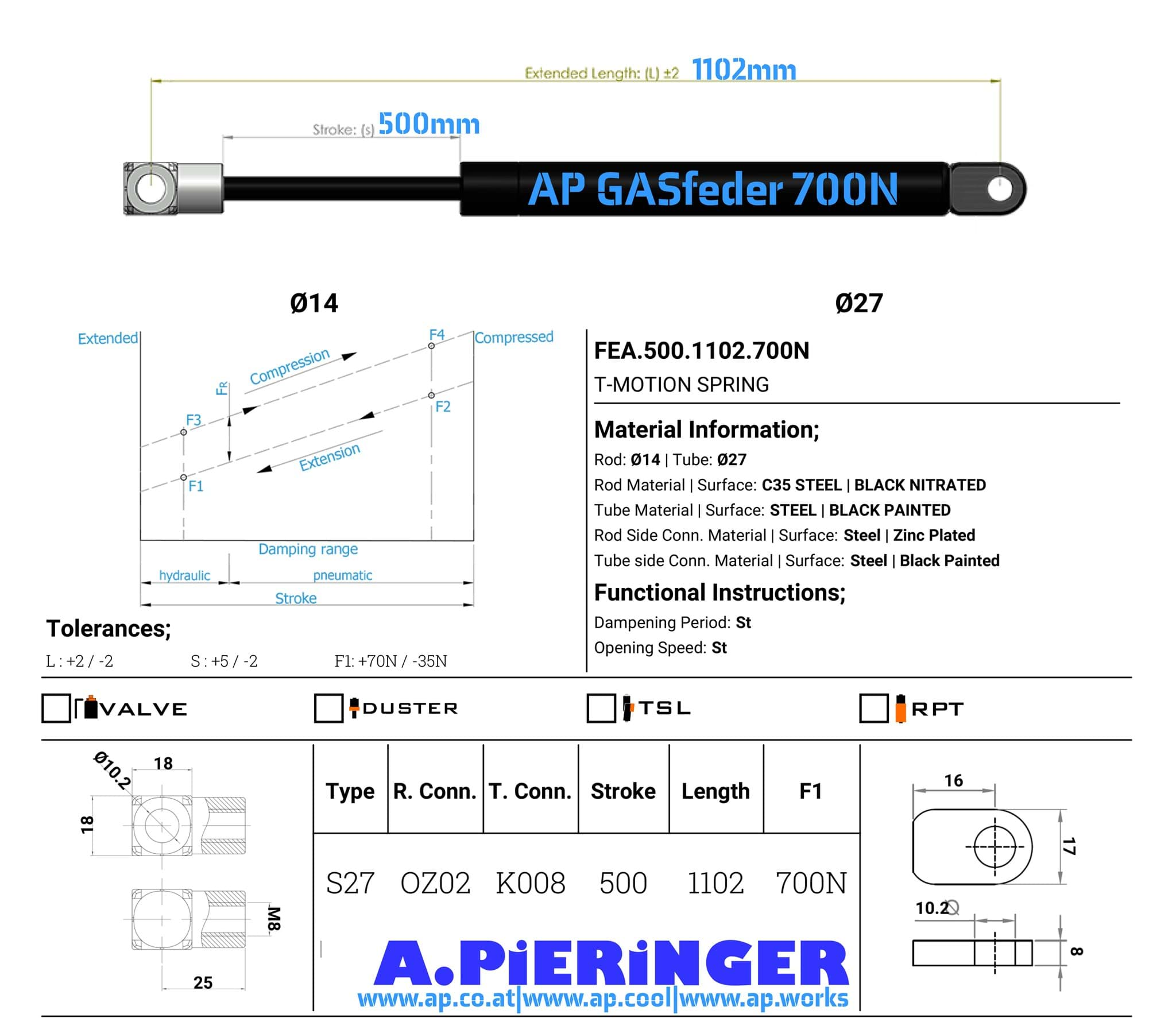 Bild von AP GASfeder 700N, 14/28, Hub(S): 500 mm, Länge (L): 1102 mm,  Alternatvie SRST.2109LX