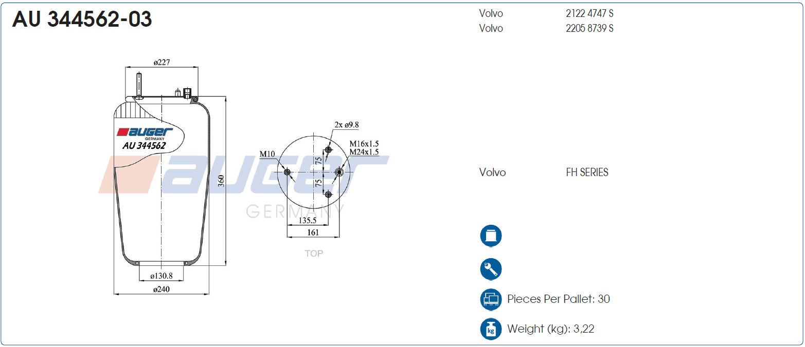 Immagine di AU 344562-03 Auger Luftfederbalg ø130,8xø240x360 passend für VOLVO