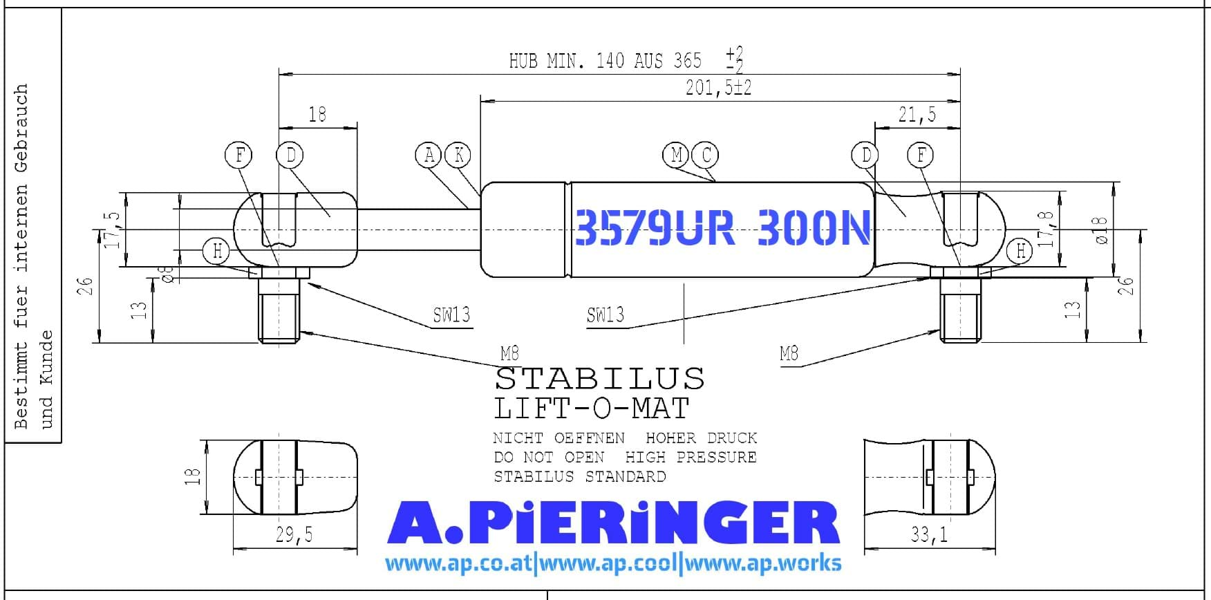 Image de Gasfeder Stabilus Lift-o-MAT 3579UR 0300N Lang 365 Gelenk M8 Ersetzt 2819WF