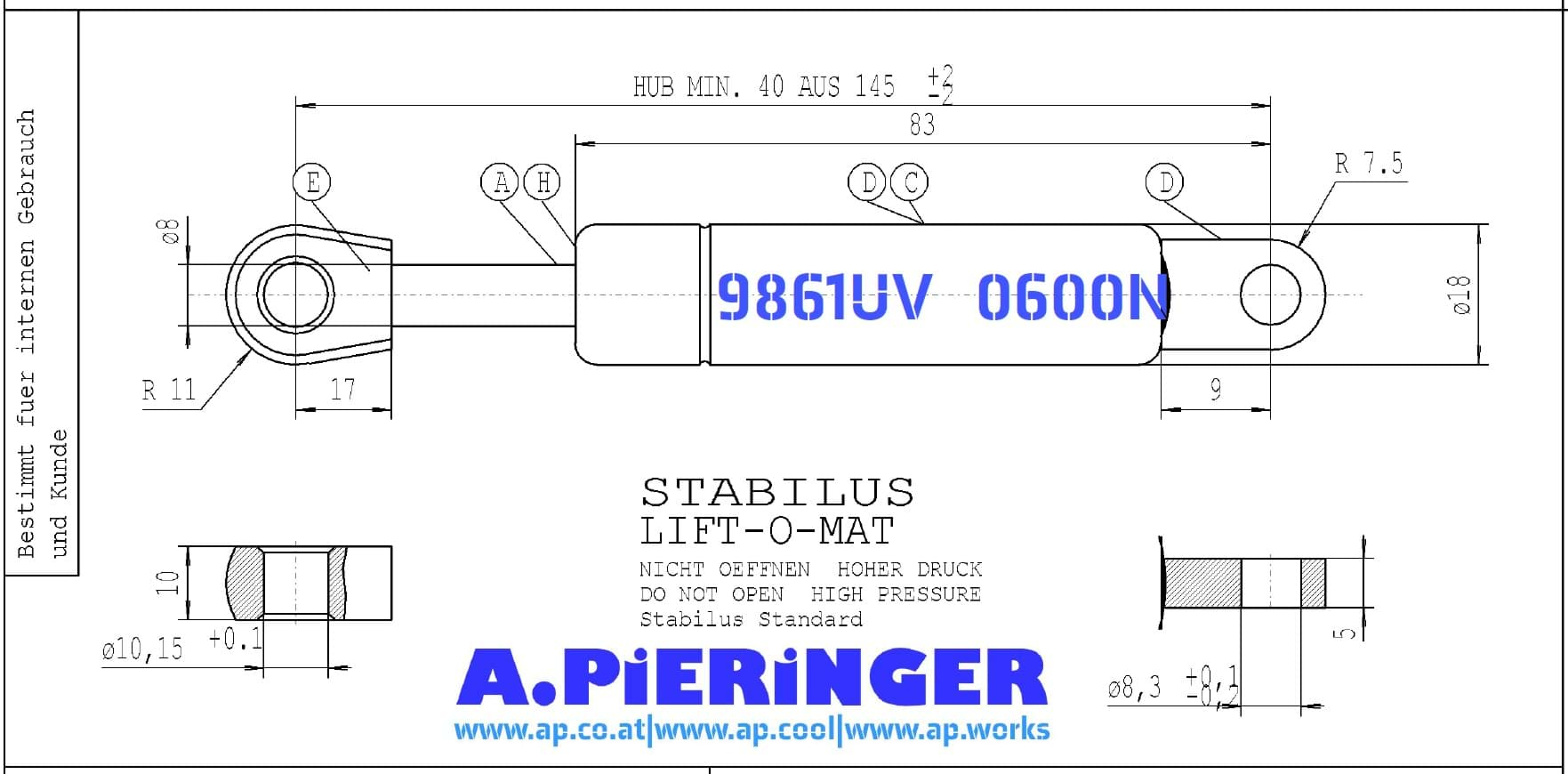 Imagen de Stabilus 9861UV 0600N LIFT-O-MAT Gasfeder (Werksbestellung LZ siehe Text)