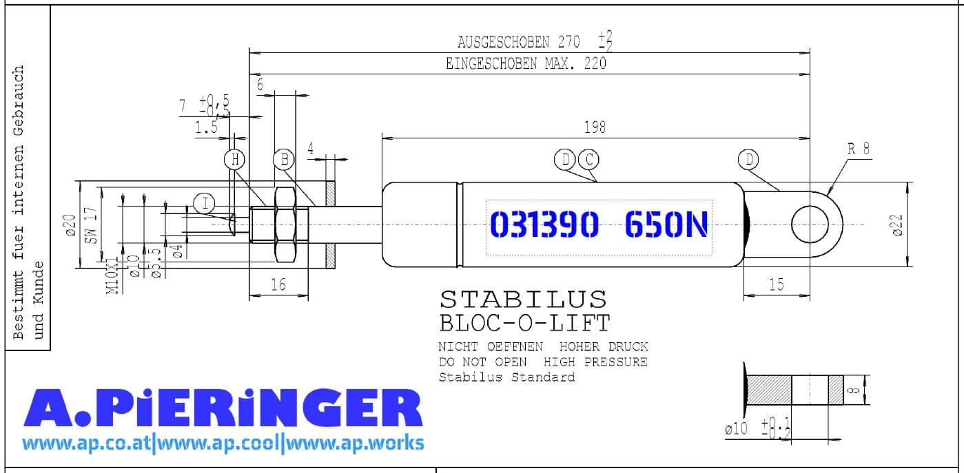 Immagine di Stabilus 031390 650N BLOC-O-LIFT Gasfeder (Werksbestellung LZ siehe Text)